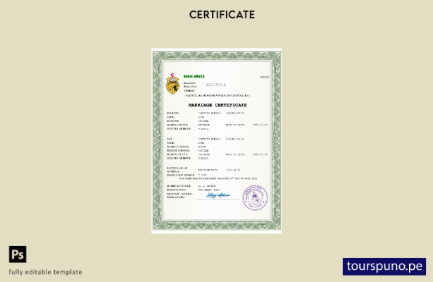 listo para imprimir certificado de matrimonio de Túnez Plantilla Word y PDF